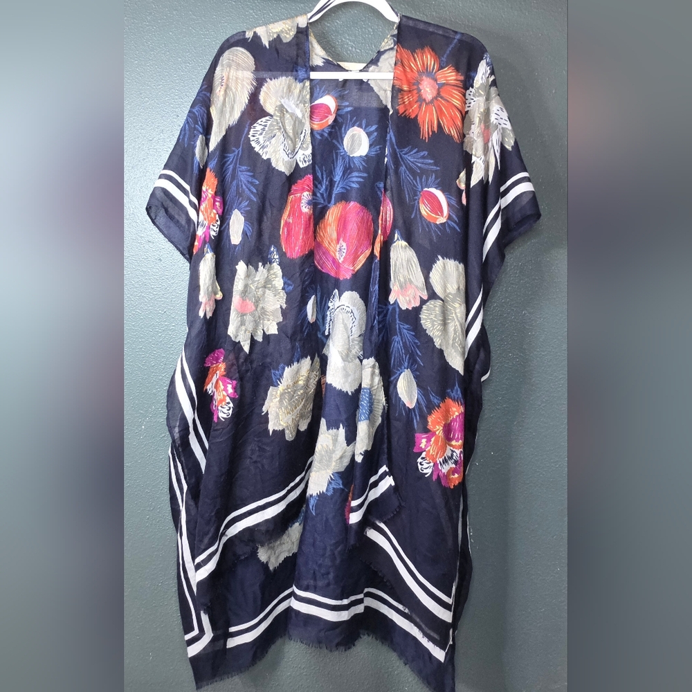 Woven Heart Navy Floral Sheer Kimono Cardigan with Red and Cream Flowers - Picture 11 of 11